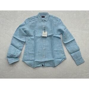 UNTUCKit Sherry Button Down Shirt Long Sleeve Striped 100% Linen Blue Size 2 NEW